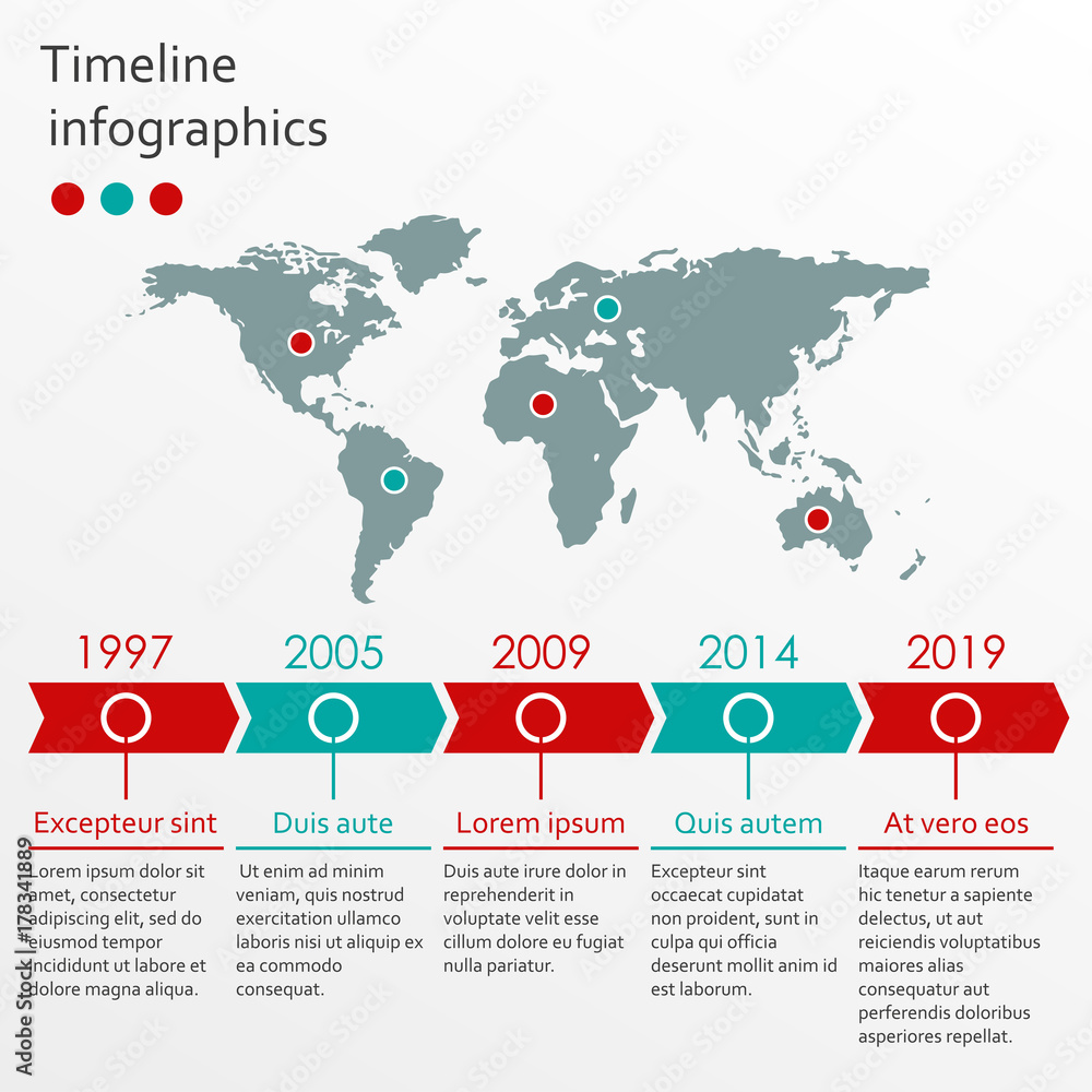 Poster step by step infographics template with 5 arrows. business infographic concept with world map. vecto