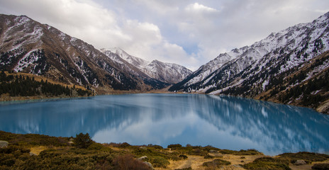 panorama of the glacial lake, Big Almaty Lake, Kazakhstan, Almaty