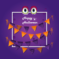 Halloween party banner. Foil balloons gold and purple, frame, bunting. Purple background.