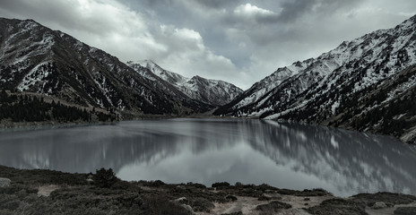 panorama of the glacial lake, Big Almaty Lake, Kazakhstan, Almaty