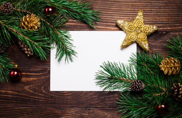 Christmas, New Year wooden background, paper with empty space for text	