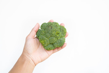 Naklejka na ściany i meble Healthy food : Fresh broccoli in male hand isolate on white with copy space.