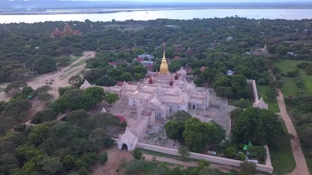4K Aerial view at the ancient Ananda Phaya Pagoda,the main tourist destination of Bagan, Myanmar (Burma)