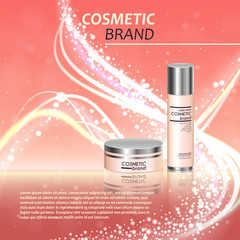 3D realistic cosmetic bottle ads template. Cosmetic brand advertising concept design with glitters and bokeh background