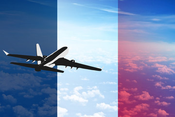 Flight to France flag with the silhouette of aircraft for tourism and sale of tickets illustration