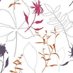 Floral vector seamless pattern with wild flowers, chestnut tree leaves and herbs.