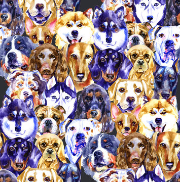 Watercolor illustration set of dogs, seamless pattern isolated on white background