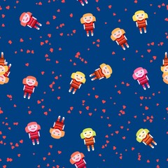 Playful seamless pattern with cute doll and red hearts on cobalt blue