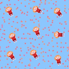 Playful seamless pattern with cute doll and pink hearts on baby blue