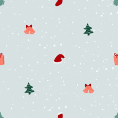 Seamless pattern with Christmas trees, gifts and Santa hat