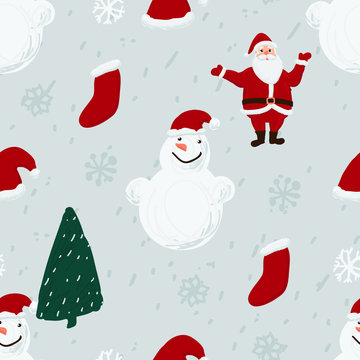Seamless pattern with Santa, snowmen and Christmas trees