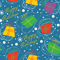 Vector background with gift boxes, snowflakes and lettering Happy Holidays