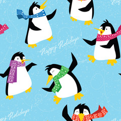 Xmas penguins in a bright scarfs dancing on ice floe seamless pattern