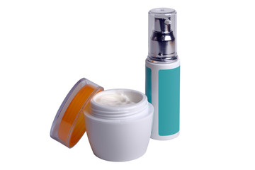 Two multi-colored cosmetic containers