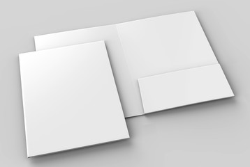 Blank white reinforced A4 single pocket folders on grey background for mock up. 3D rendering.