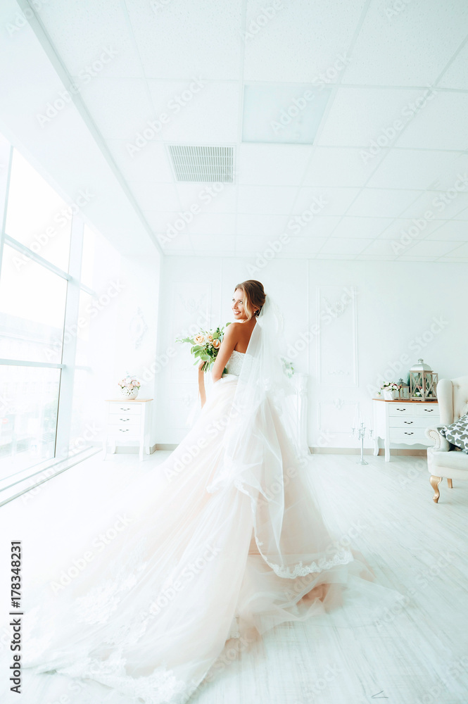 Poster beautiful bride in a luxurious dress in eco-style