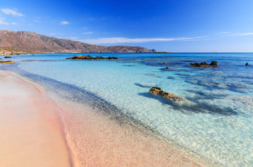 Elafonisi, the best beach in Crete, pink sand, clear water, blue sky, the Libyan Sea.