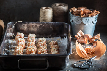 Sweet homemade fudge with sesame and sugar