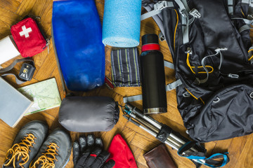 Equipment that would pack out on the trail. - obrazy, fototapety, plakaty