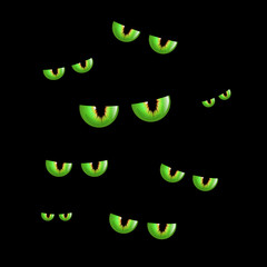 Spooky eyes halloween background.  Vector illustration of animal eyes isolated on black background.  Scary eyes for halloween composition