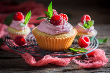 Fresh raspberry muffin made of cream and fruits