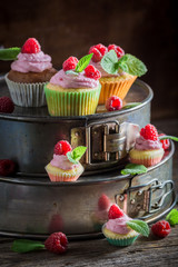 Homemade raspberry cupcake made of cream and fruits