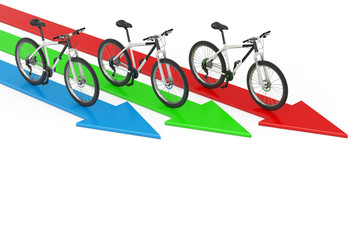 Fototapeta premium Direction to Success Concept. Black and White Mountain Bike over Arrows. 3d Rendering