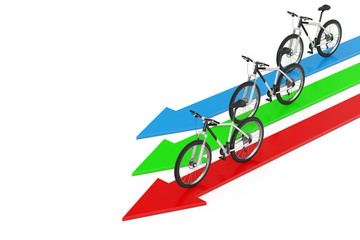 Direction to Success Concept. Black and White Mountain Bike over Arrows. 3d Rendering