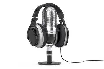 Black Headphones over Microphone. 3d Rendering