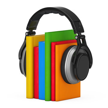 Audio Book Concept. Black Wireless Headphones with Books. 3d Rendering