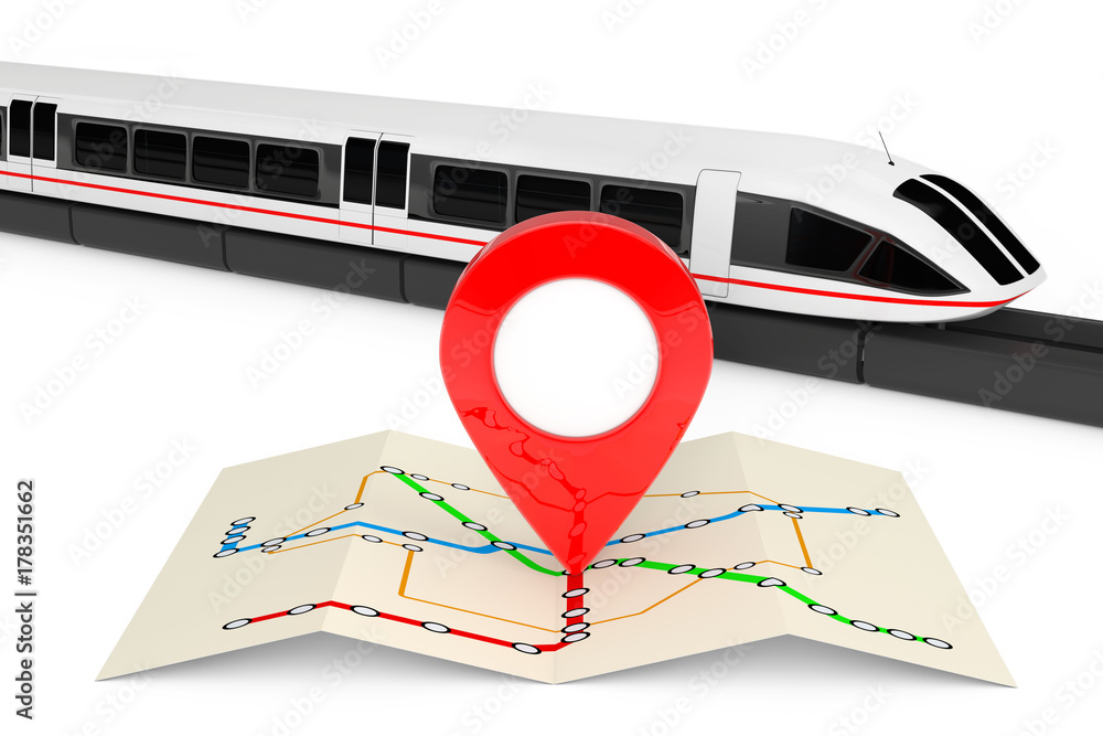 Aufkleber Super High Speed Futuristic Commuter Train Near Folded Abstract Navigation Station Map with Map Pointer Pin. 3d Rendering