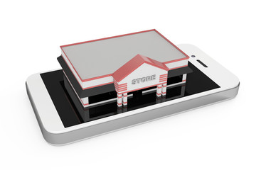 Online Shopping Concept. Large Store Building over Abstract Mobile Phone. 3d Rendering