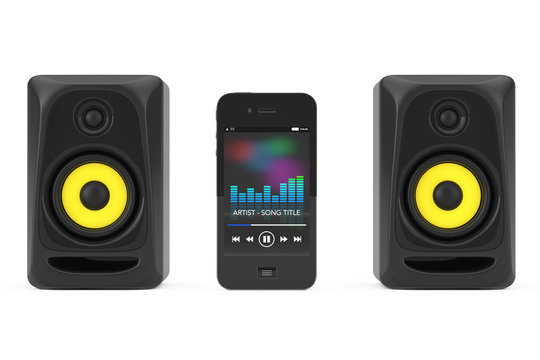 Wireless Audio Acoustic Speakers connected to Mobile Phone. 3d Rendering