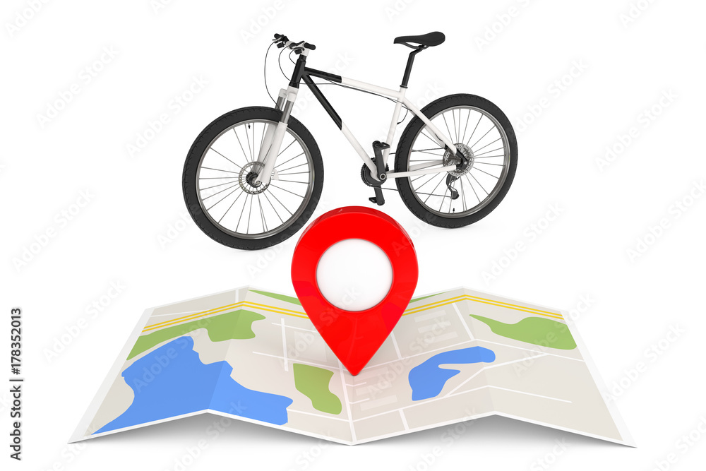 Poster Black and White Mountain Bike Near Folded Abstract Navigation Map with Map Pointer Pin. 3d Rendering