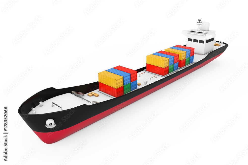 Poster Business Logistic Concept. Tanker or Container Cargo Ship. 3d Rendering