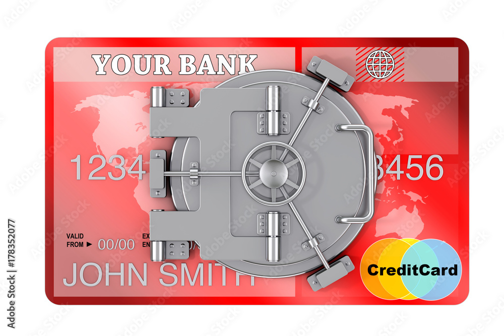 Poster secure online banking concept. credit card with bank safe door. 3d rendering