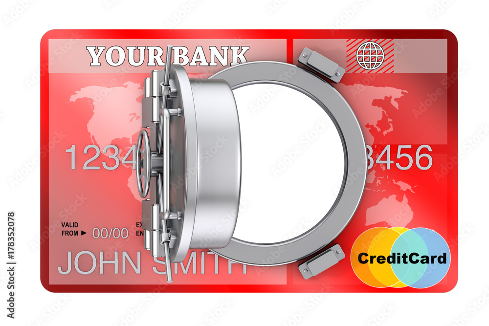 Poster secure online banking concept. credit card with bank safe door. 3d rendering