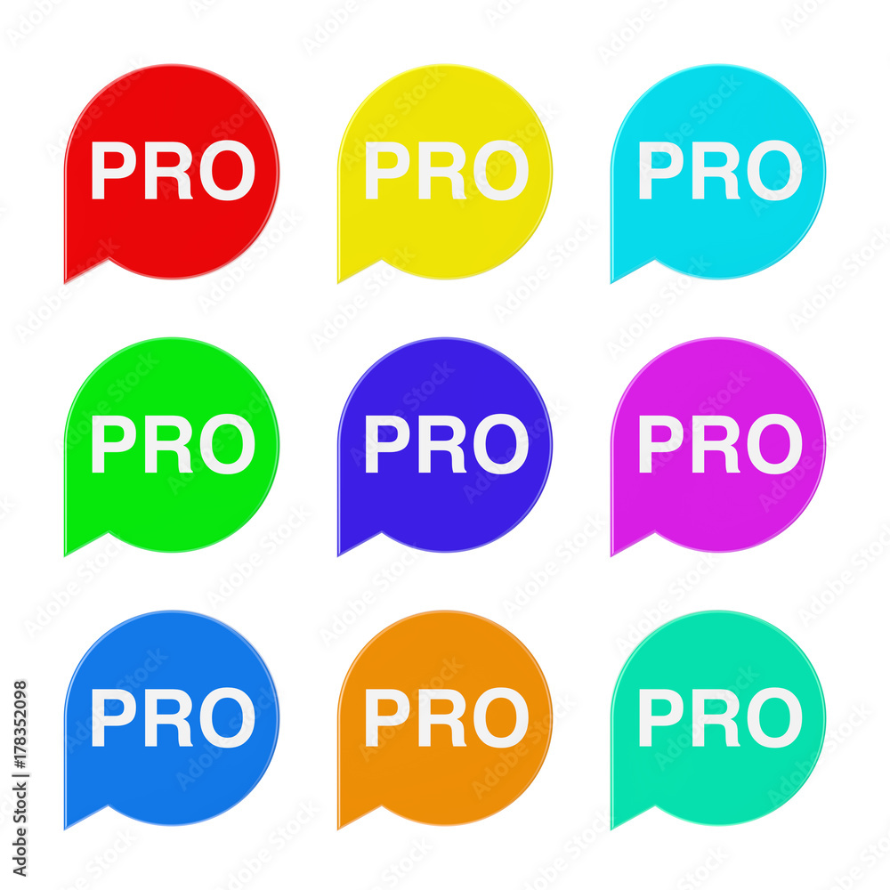 Poster set of multicolour speech bubble tag lable with pro sign. 3d rendering