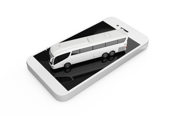 Online Booking Concept. Big White Coach Tour Bus over Mobile Phone. 3d Rendering