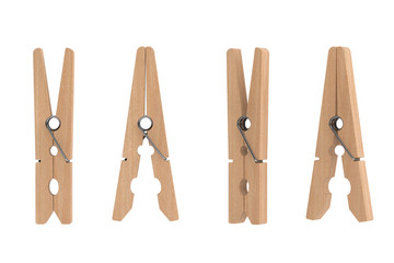 Set of Brown Wooden Clothespins. 3d Rendering