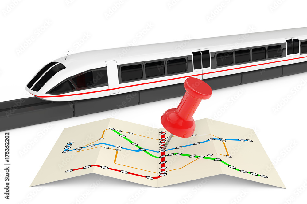 Aufkleber Super High Speed Futuristic Commuter Train Near Folded Abstract Navigation Station Map with Pin. 3d Rendering