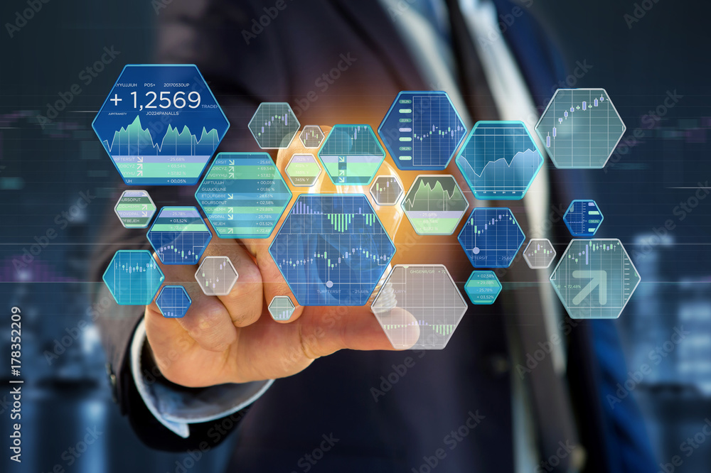Poster stock exchange trading data information displayed on a futuristic interface