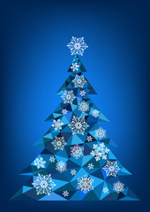 Abstract polygonal Christmas tree with snowflakes on a blue background
