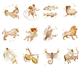 Set of twelve signs of the zodiac, watercolor in retro style. Isolated on white background
