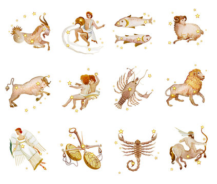 Set of twelve signs of the zodiac, watercolor in retro style. Isolated on white background