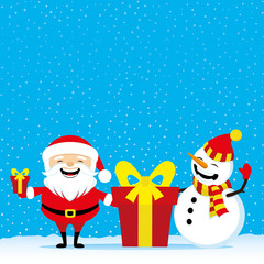 Santa Claus and snowman with a red gift box.