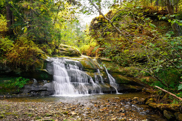 Waterfall Ternoshorsky Huk in Snidavka. Carpathian Mountains, Ivano-Frankivska oblast, Ukraine.