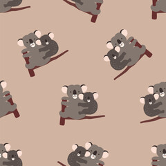 Seamless pattern with adult and baby koalas sitting on tree branch on brown background. Pair of cute Australian cartoon animals. Flat vector illustration for fabric print, wallpaper, wrapping paper. © Good Studio