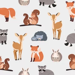 Fotobehang Baby hert Naadloze patroon met verschillende schattige cartoon bos dieren op witte achtergrond - eekhoorn, egel, vos, hert, konijn, wasbeer. Platte vectorillustratie voor textiel print, behang, inpakpapier.