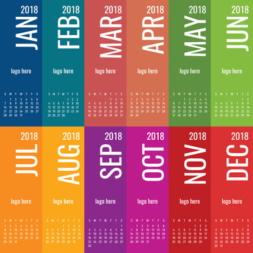 Year 2018 calendar vector template. Modern 2018 calendar. Vector of Calendar 2018 year, 12 month calendar with cover. 2018 Planner - illustration. Vector template of 2018 calendar/planner